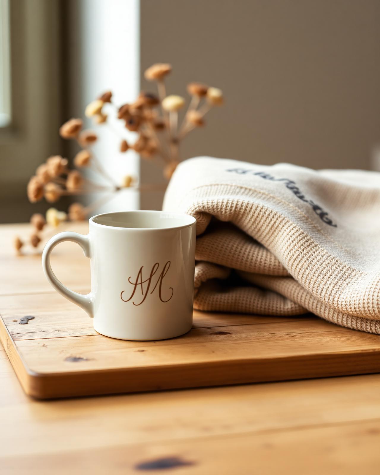 A personalized cream ceramic mug beside a folded oatmeal sweatshirt on a wooden table